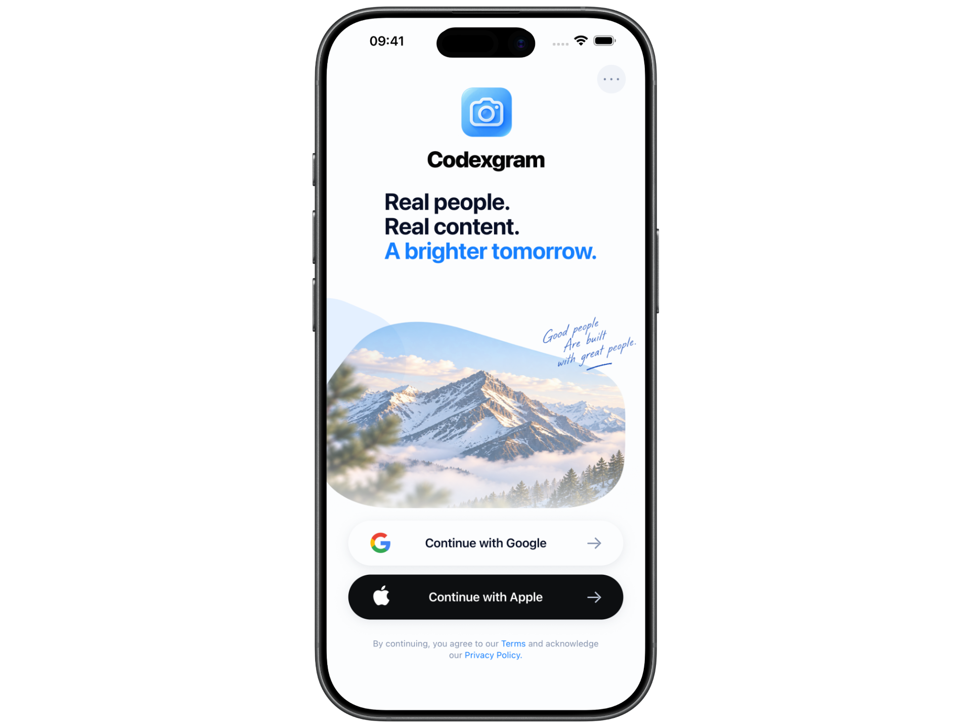 Codexgram sign-in screen on a phone with a mountain photograph