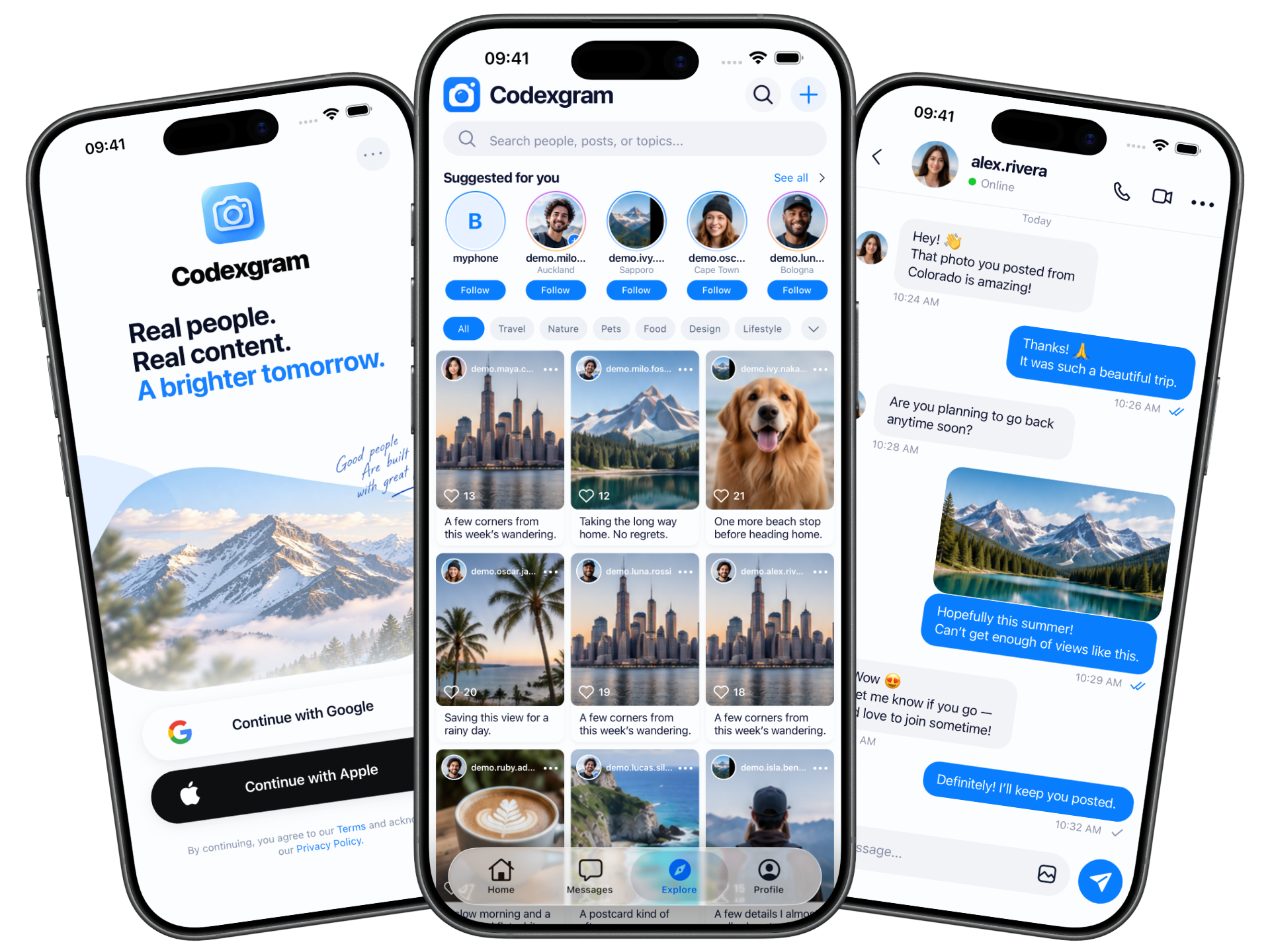 Codexgram Explore feed with photos and profiles