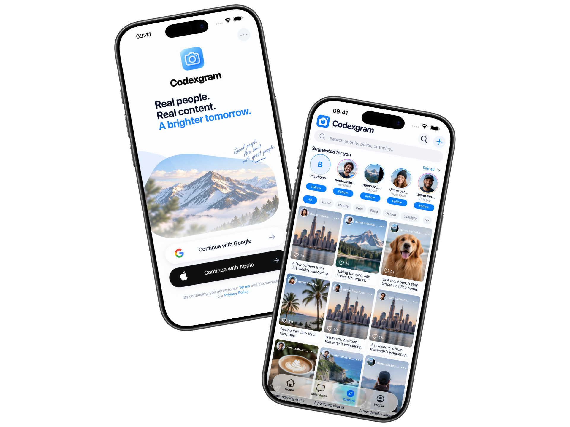 Two phone screens showing Codexgram sign-in and Explore